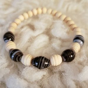 Gray & Black Swirled Bead & Wood Beaded Bracelet